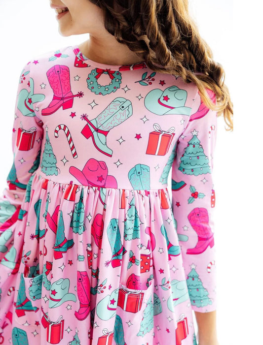 Christmas Cowgirl Girls Pocket Twirl Dress