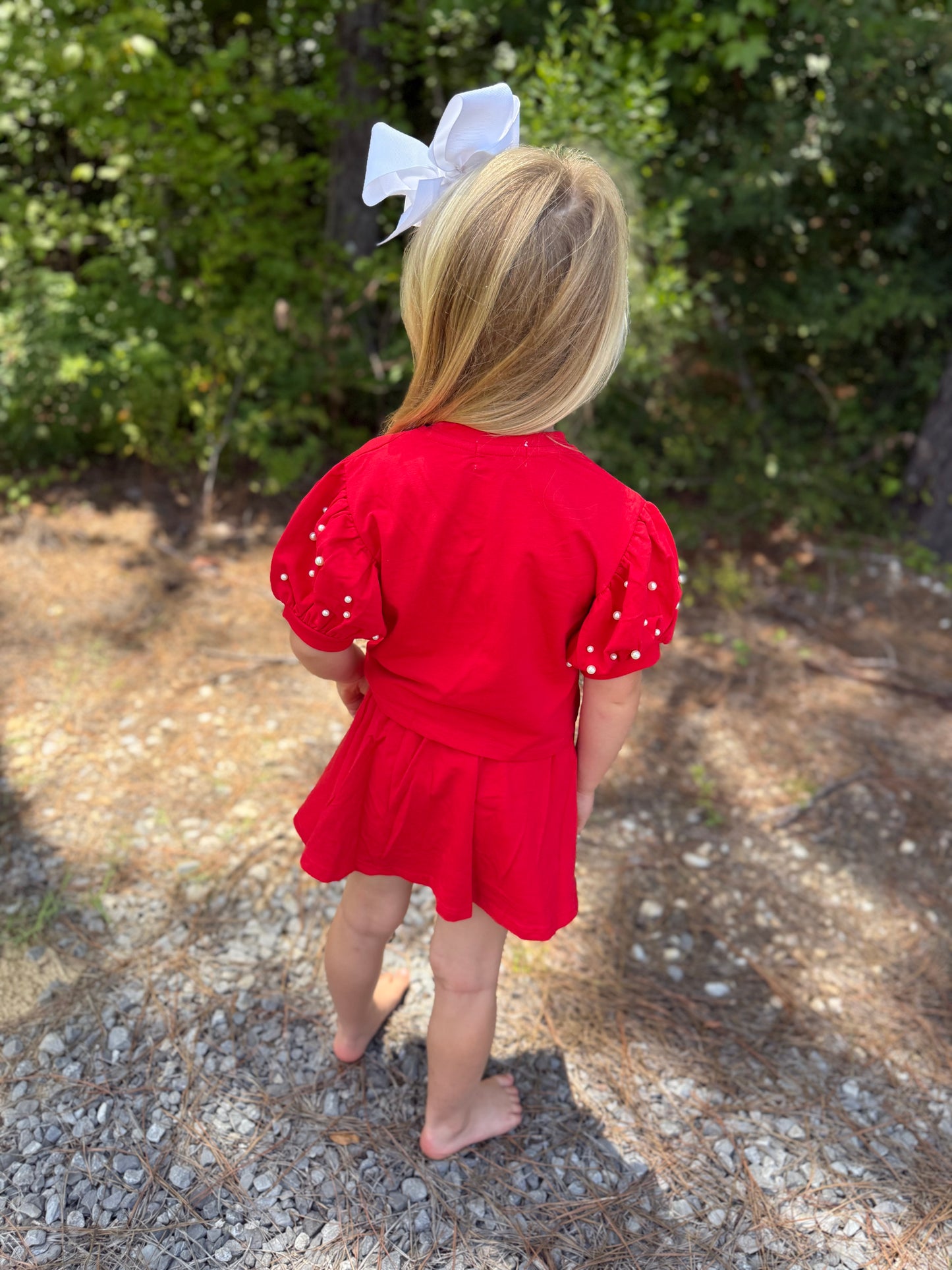 Red Puff Sleeve Pearl Girls Skort Set