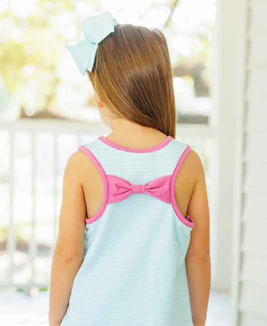 Abby Aqua Stripe & Fuchsia Bow Back Girls Short Set