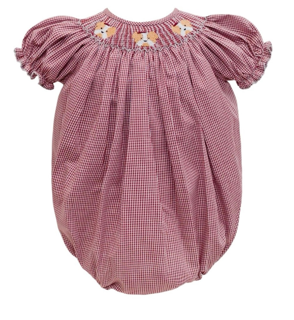 Maroon Bulldog Bishop Smocked Girls Bubble