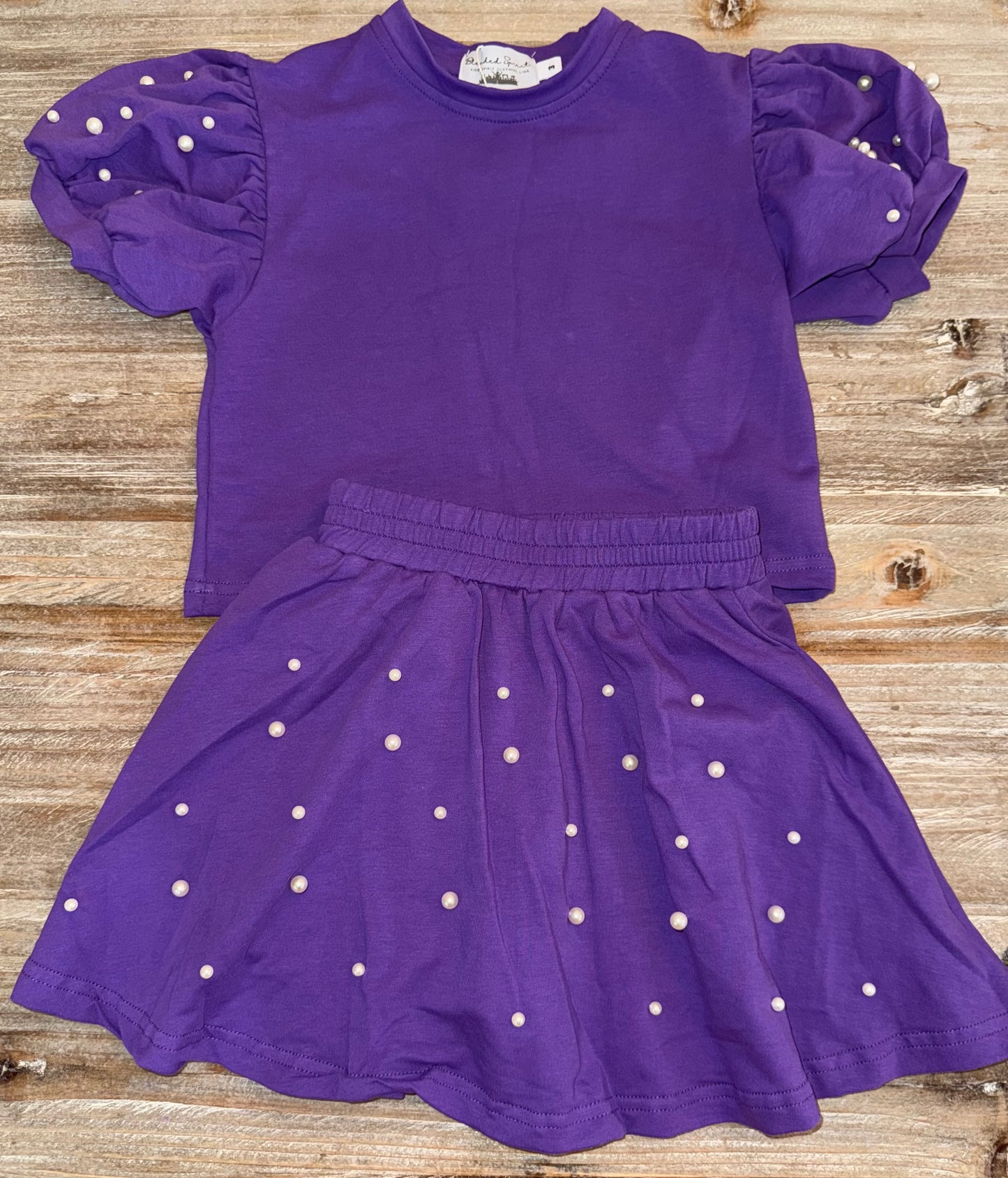 Purple Puff Sleeve Pearl Girls Skort Set