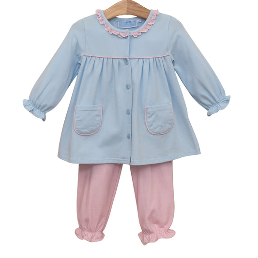 Amelia Light Pink/Blue Microgingham Girls Bloomer Pant Set