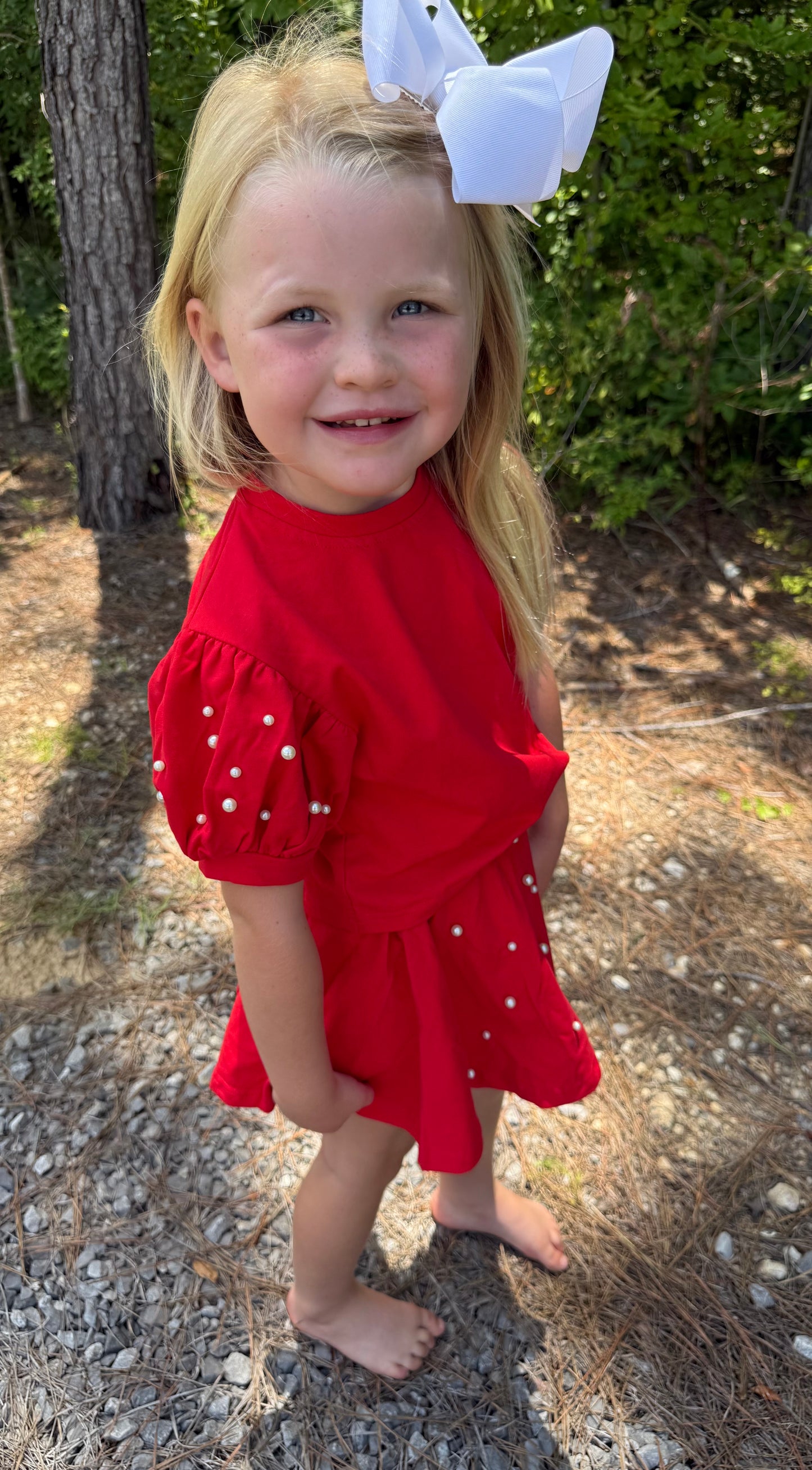 Red Puff Sleeve Pearl Girls Skort Set