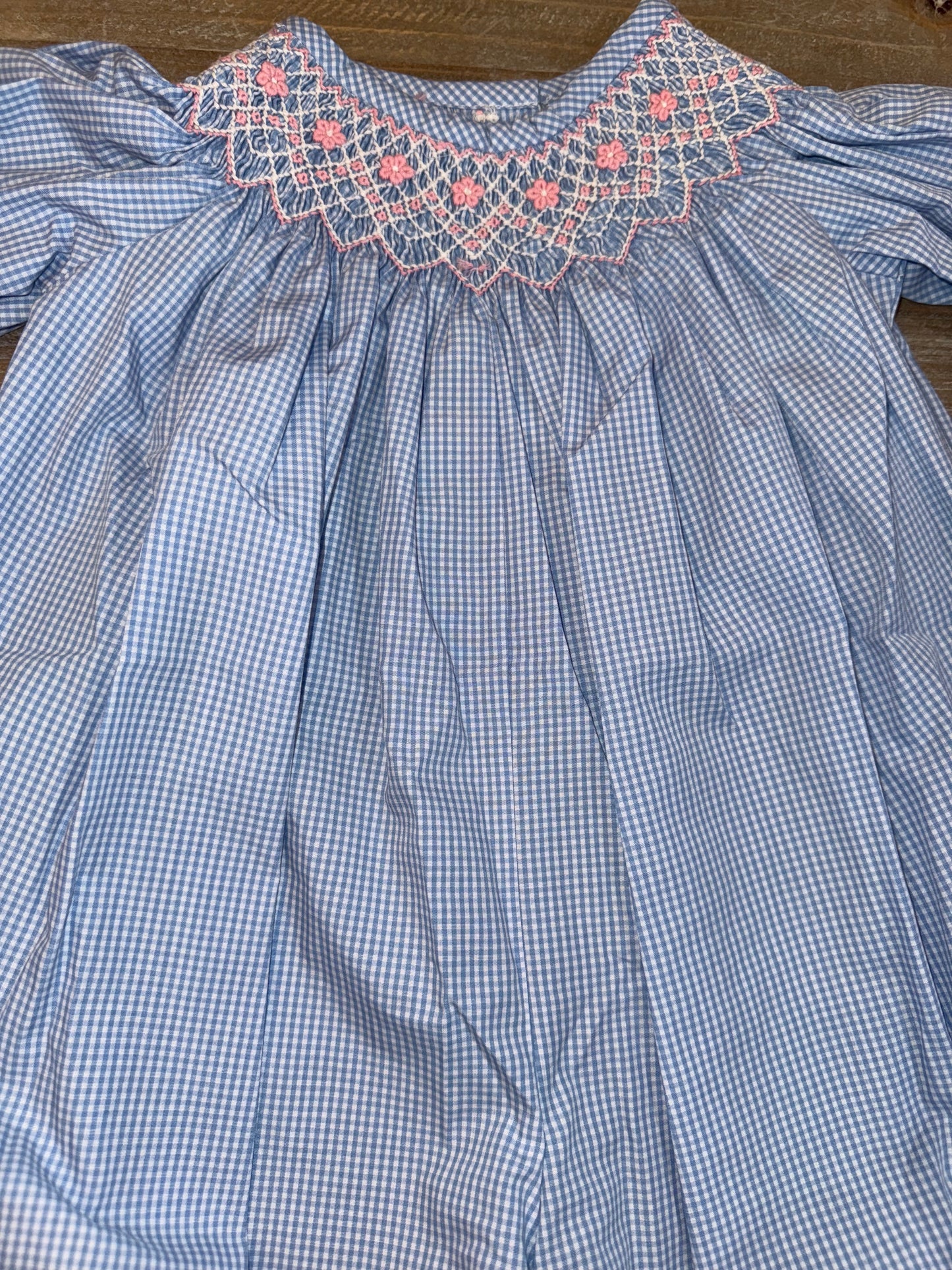 Blue Gingham Check Smocked Girls Flowers Romper