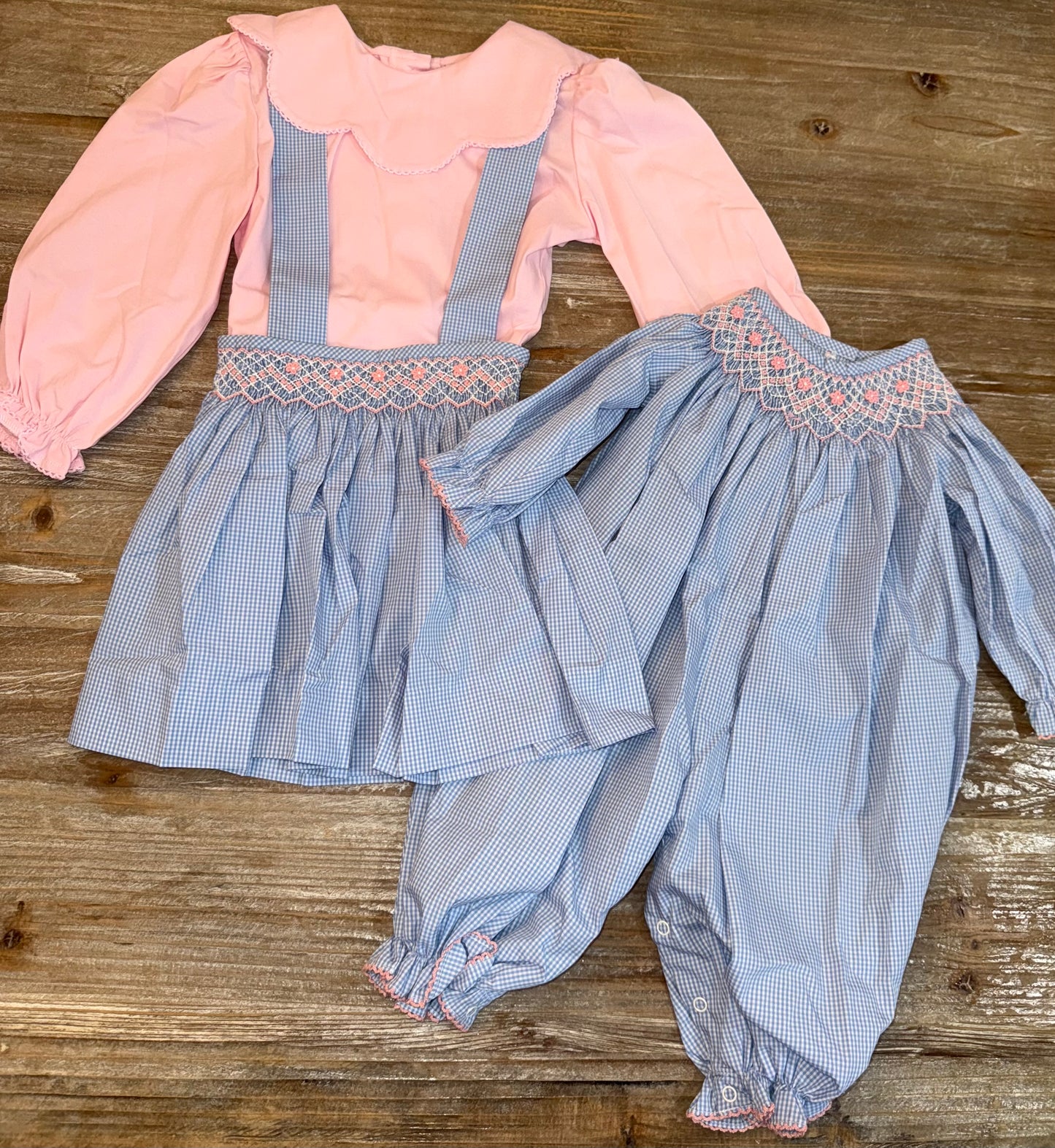 Blue Gingham Check Smocked Girls Flowers Romper