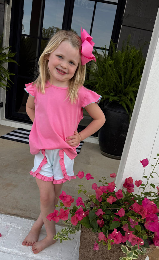 Pink/Blue Ruffle Girls Short Set with Ric/Rac Top