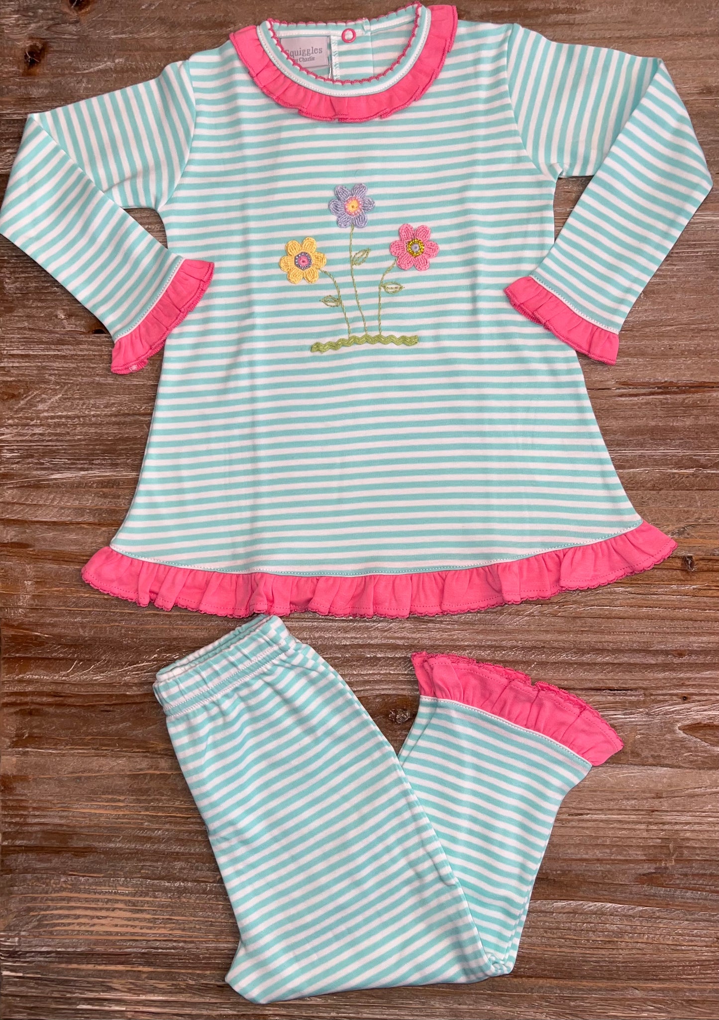 Squiggles Mint/Pink Flower Girls Ruffle Pants Set
