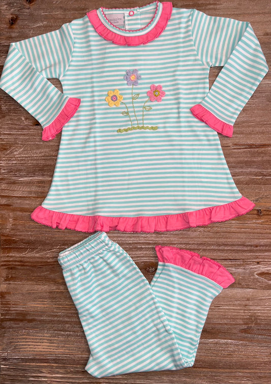 Squiggles Mint/Pink Flower Girls Ruffle Pants Set