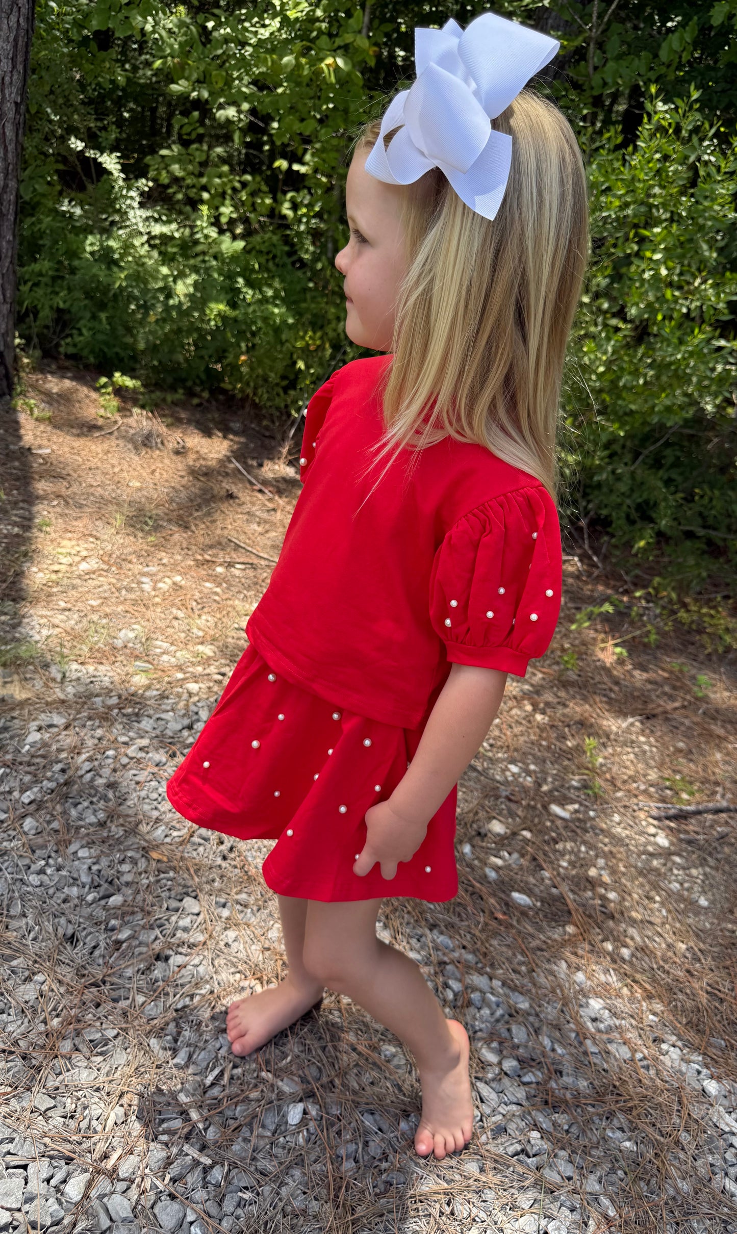 Red Puff Sleeve Pearl Girls Skort Set