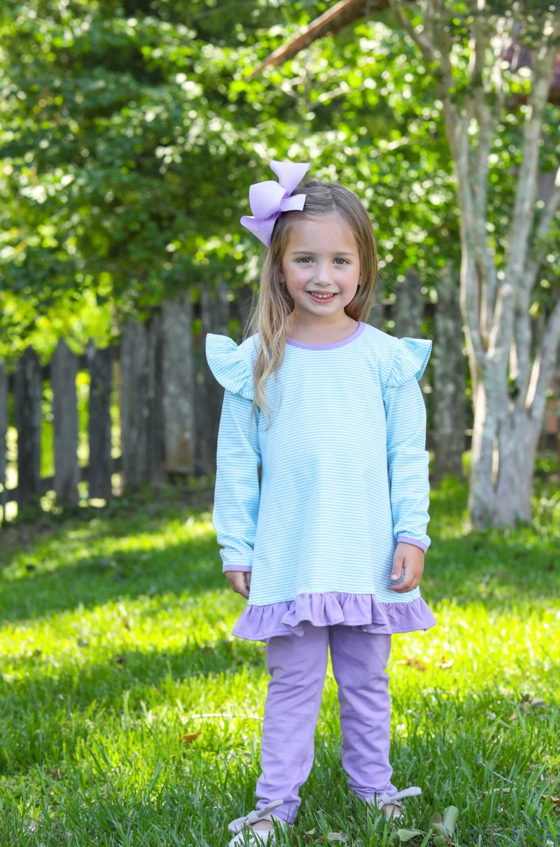 Francis Mint Stripe & Dark Lavender Girls Pants Set