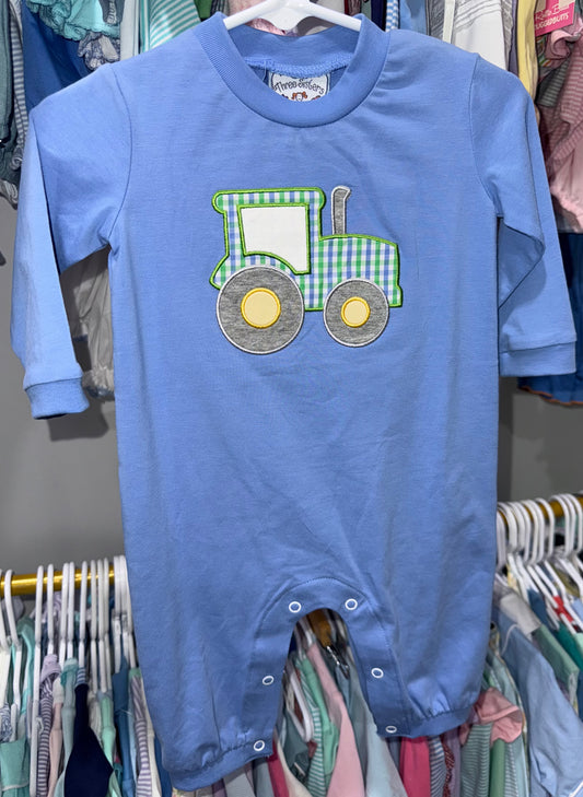 Three Sisters Blue Tractor Appliqué Boys Romper