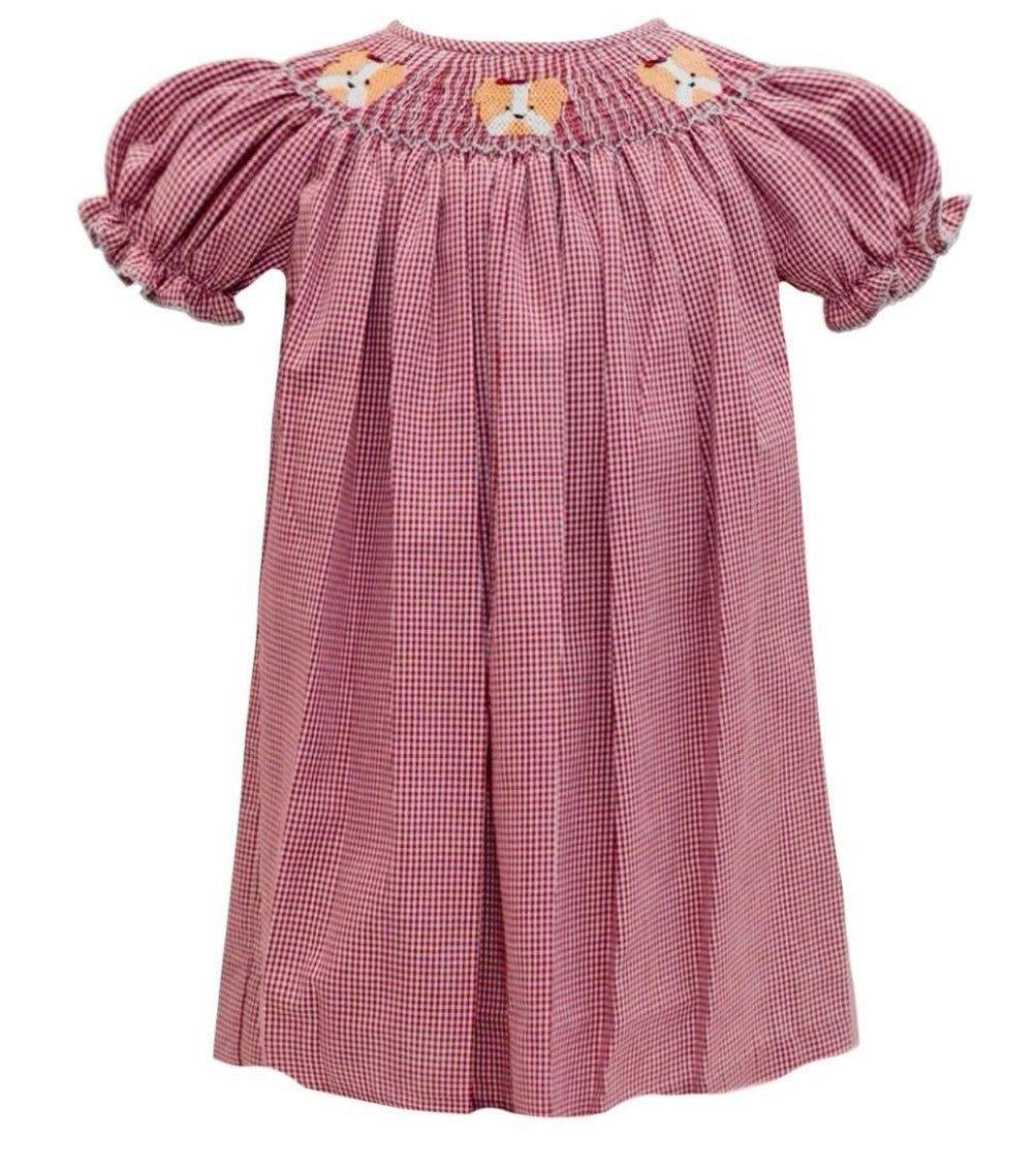 Maroon Bulldog Bishop Smocked Girls Dress