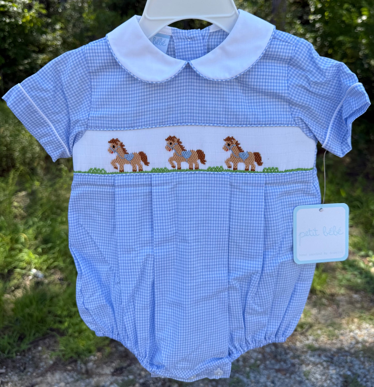 Blue Gingham Horses Boys Bubble