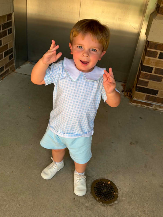 Powder Blue Plaid Boys Short Set