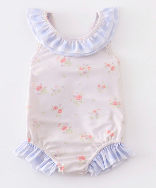 Cream Floral Print Ruffle Girls Swimsuit