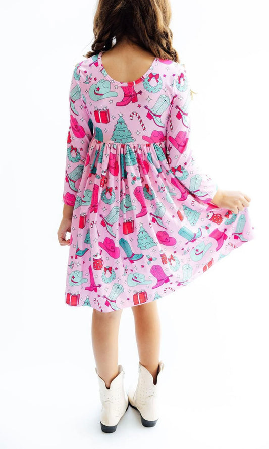 Christmas Cowgirl Girls Pocket Twirl Dress