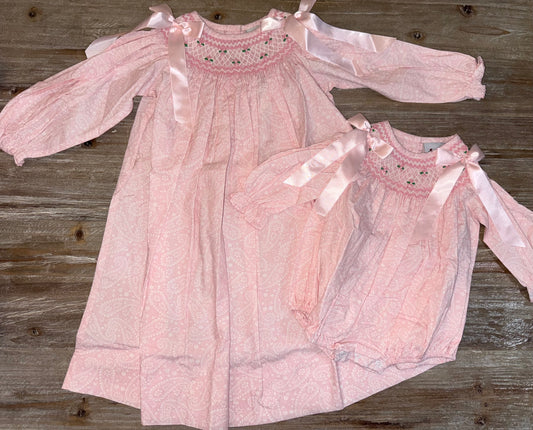 Pink Floral Smocked Girls Flowers Bishop Bubble