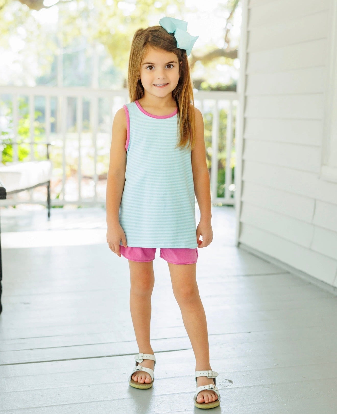 Abby Aqua Stripe & Fuchsia Bow Back Girls Short Set