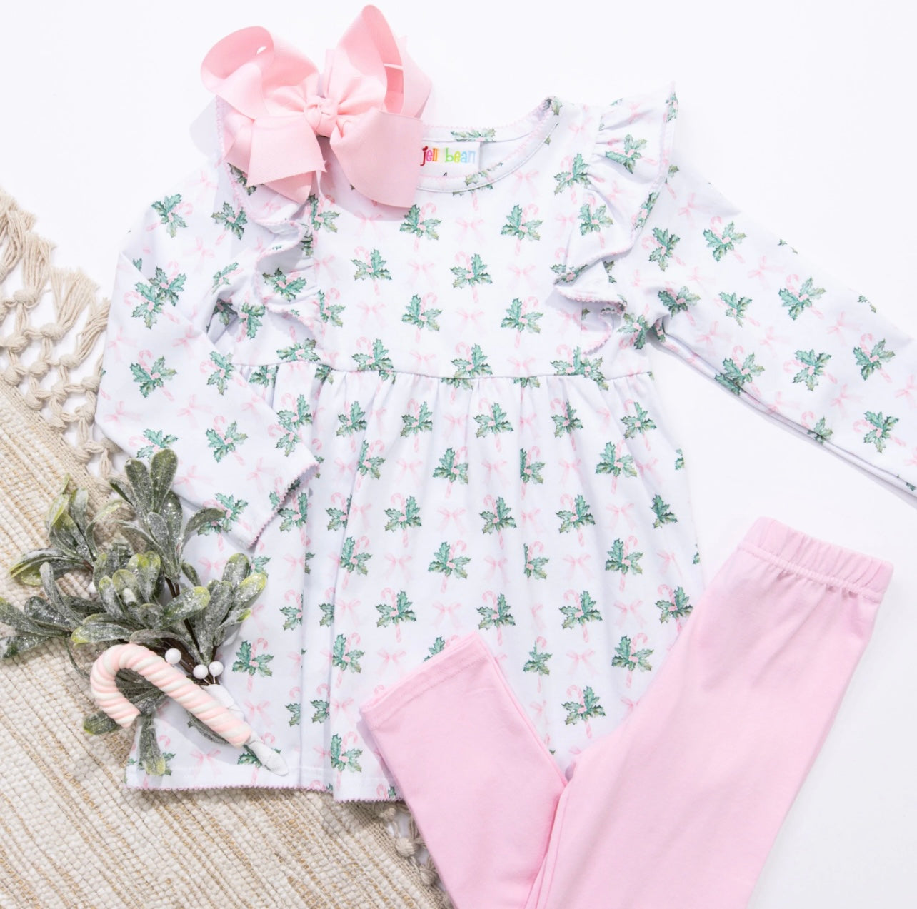 Pink Bows and Mistletoes Girls Pants Set