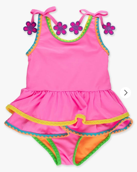 Neon Pink Crochet Girls Peplum One Piece