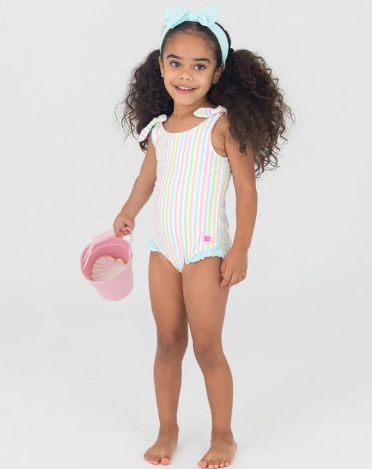 Pale Rainbow Stripe Tie Shoulder Girls One-Piece