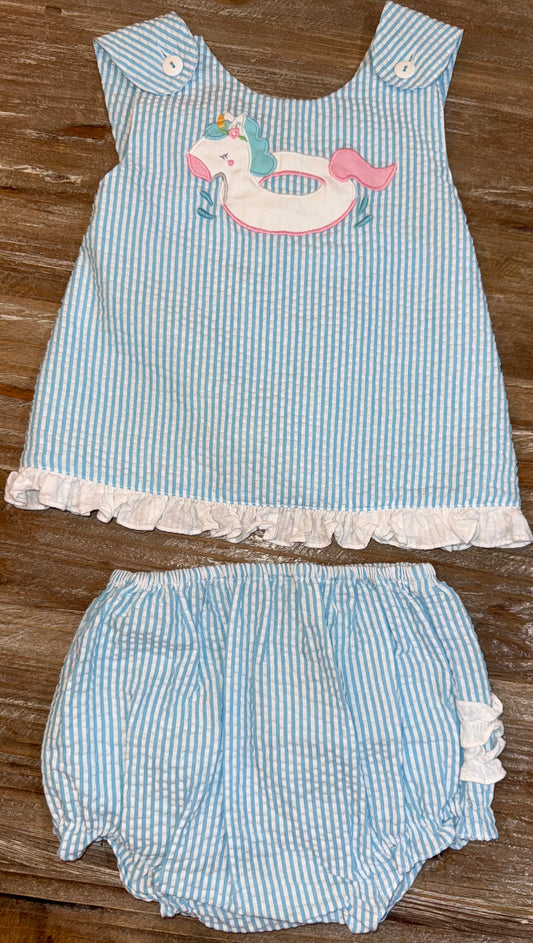Aqua Seersucker Unicorn Float Girls Bloomer Set