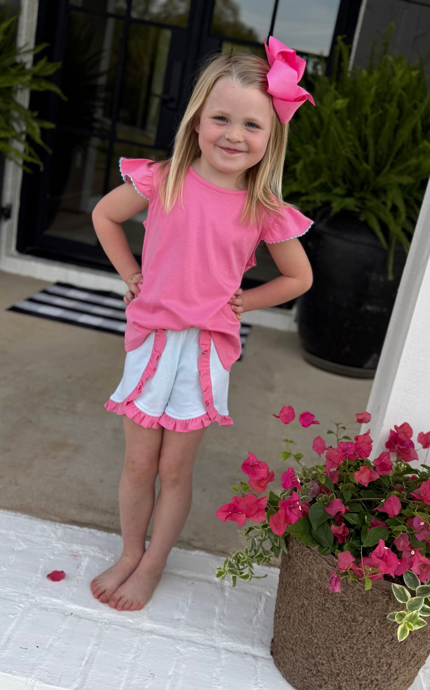 Pink/Blue Ruffle Girls Short Set with Ric/Rac Top