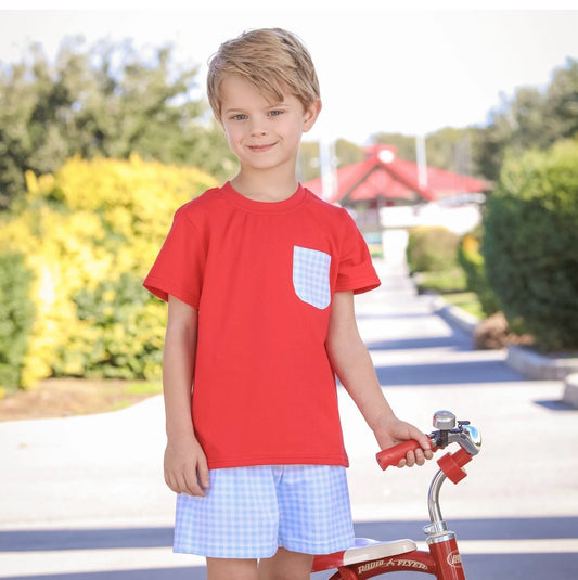 Blue Gingham/Red Pocket Patriotic Boys Short Set