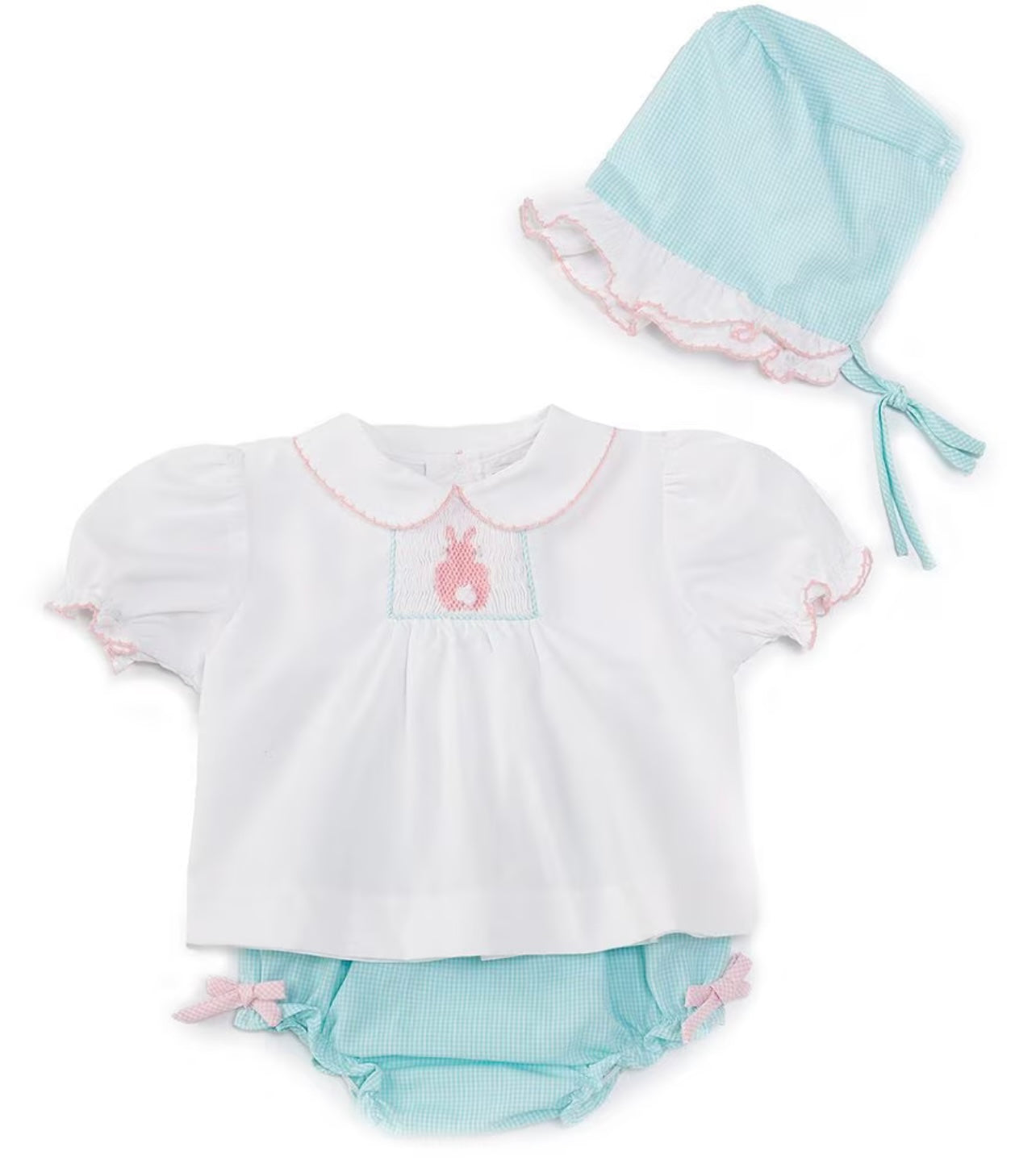 Petit Ami Aqua Check Bunny Girls Diaper Set with Bonnet