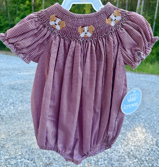 Maroon Bulldog Bishop Smocked Girls Bubble
