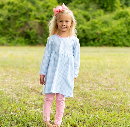 Sadie Girls Pants Set- Light Blue Gingham & Pink