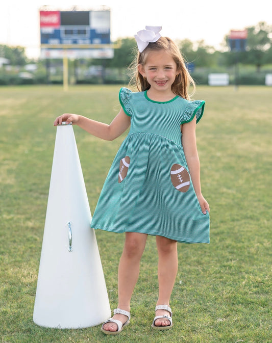 Let’s Cheer Football Green Stripe Girls Pocket Dress