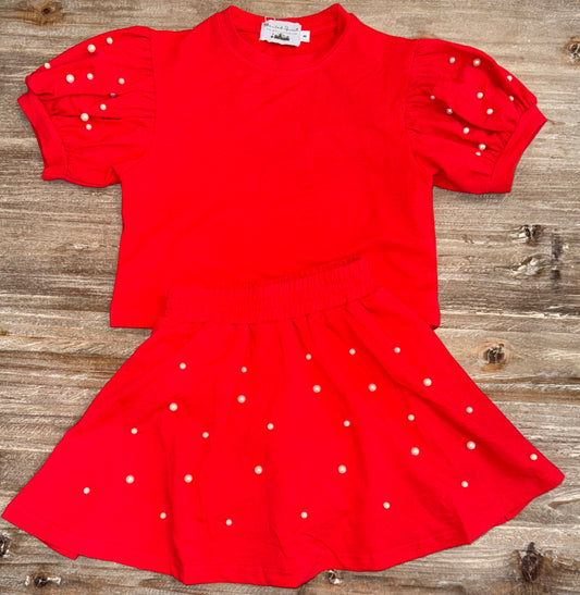 Red Puff Sleeve Pearl Girls Skort Set