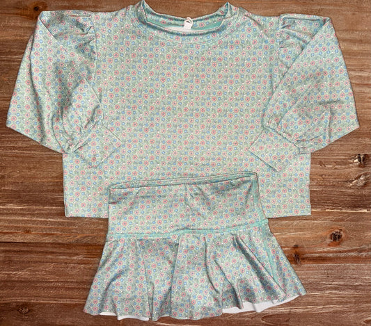 Green/Pink Floral Girls Puff Sleeve Top
