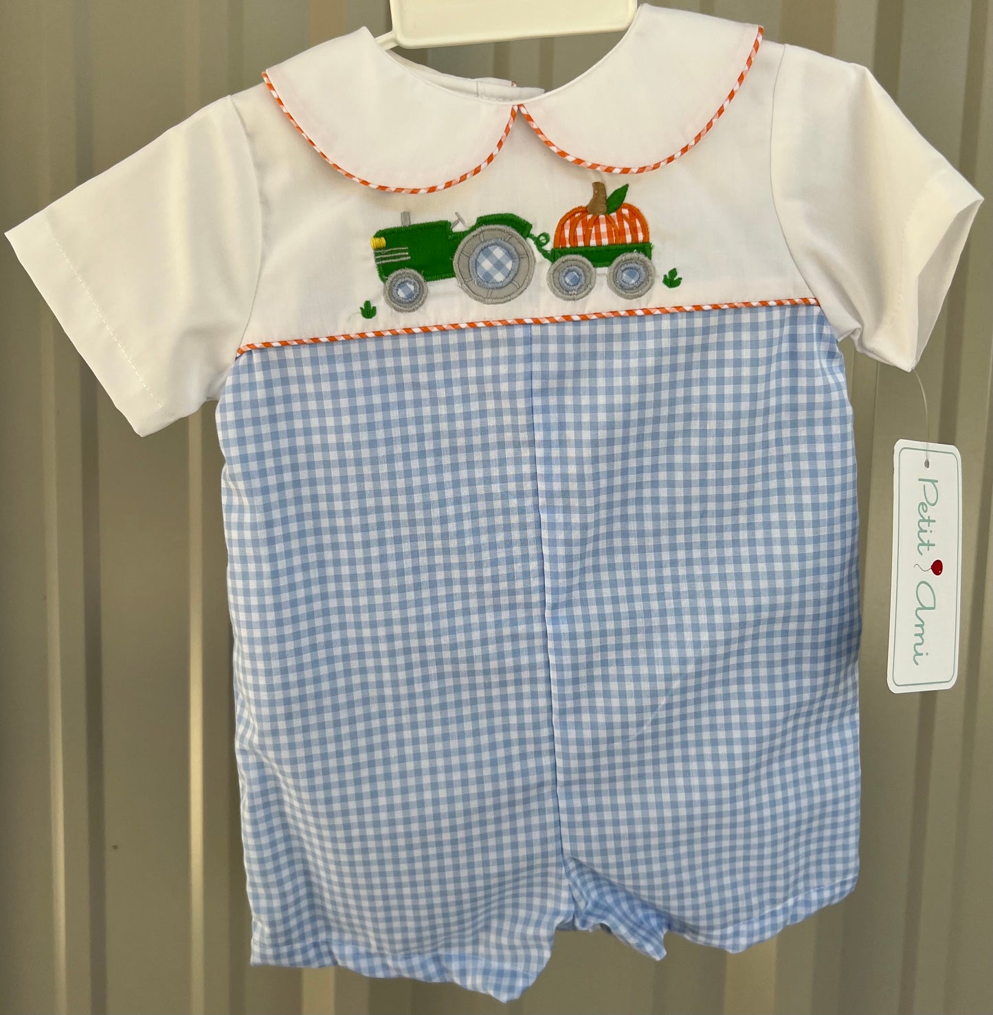 Petit Ami Tractor/Pumpkin Boys Romper