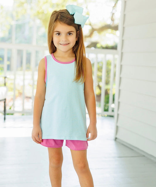 Abby Aqua Stripe & Fuchsia Bow Back Girls Short Set