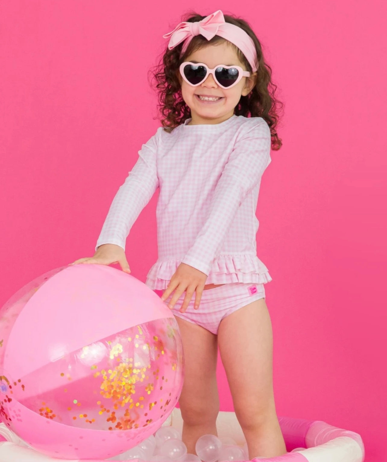 Pink Gingham Ruffle Hem Girls 2-Piece Rash Guard