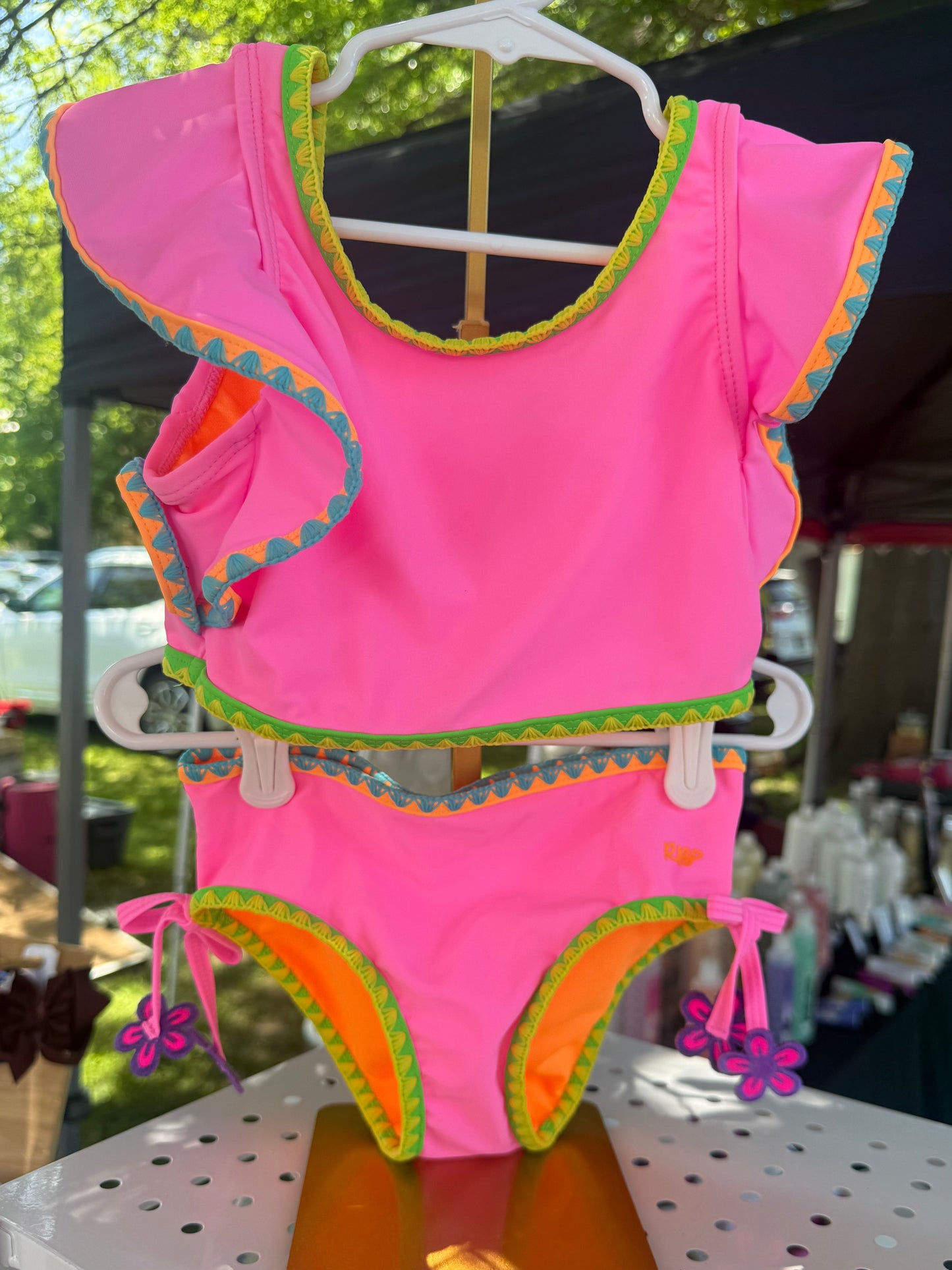 Neon Pink Crochet Girls Tankini