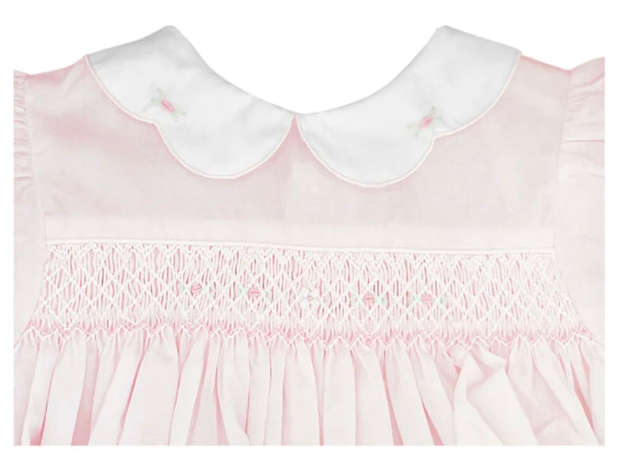 Petit Ami Hand Embroidered Pink Girls Smocked Bubble with Bonnet