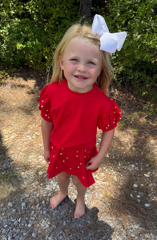 Red Puff Sleeve Pearl Girls Skort Set