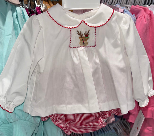 Petit Ami Girls Bloomer Set with Reindeer Embroidery