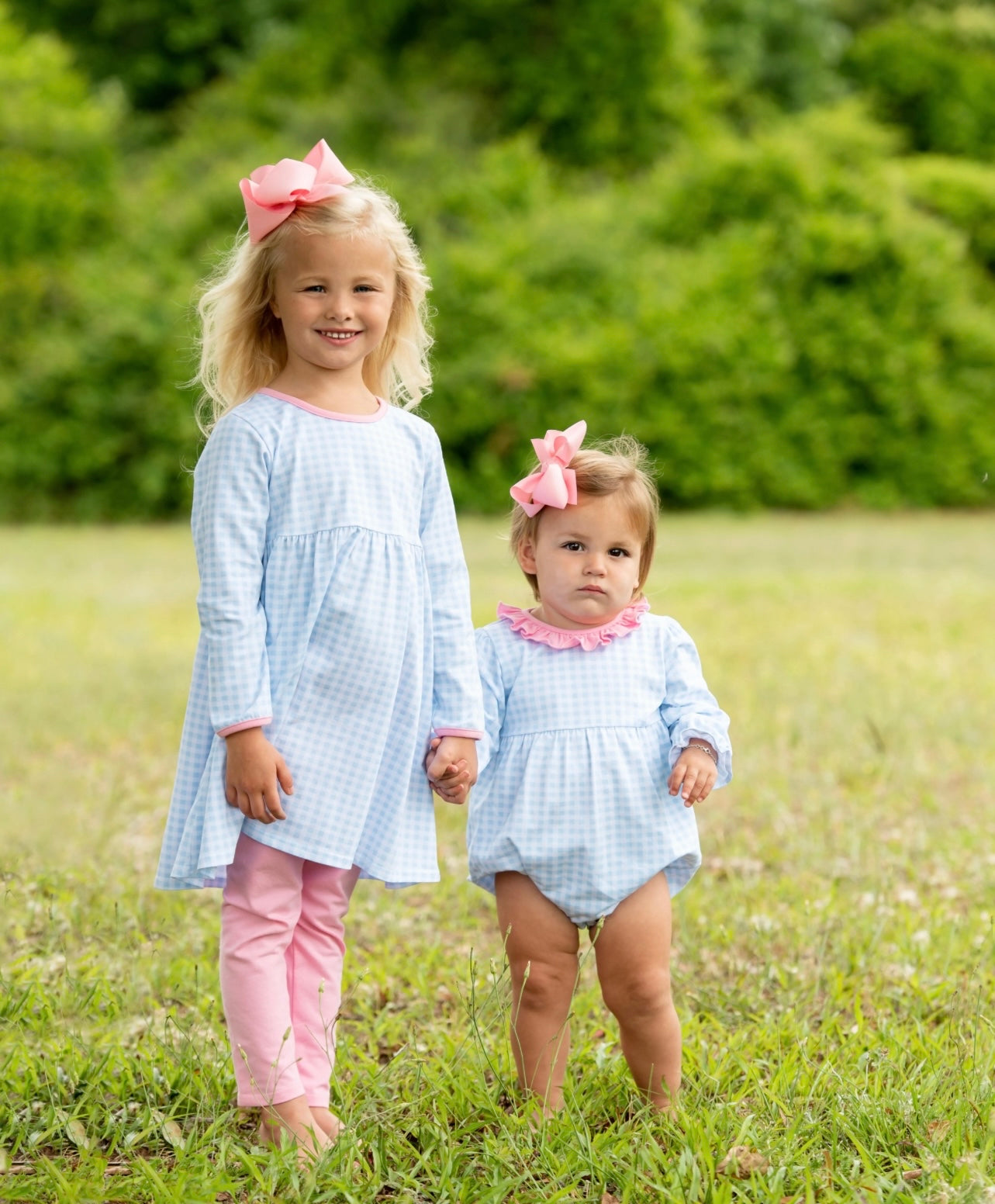 Sadie Girls Pants Set- Light Blue Gingham & Pink