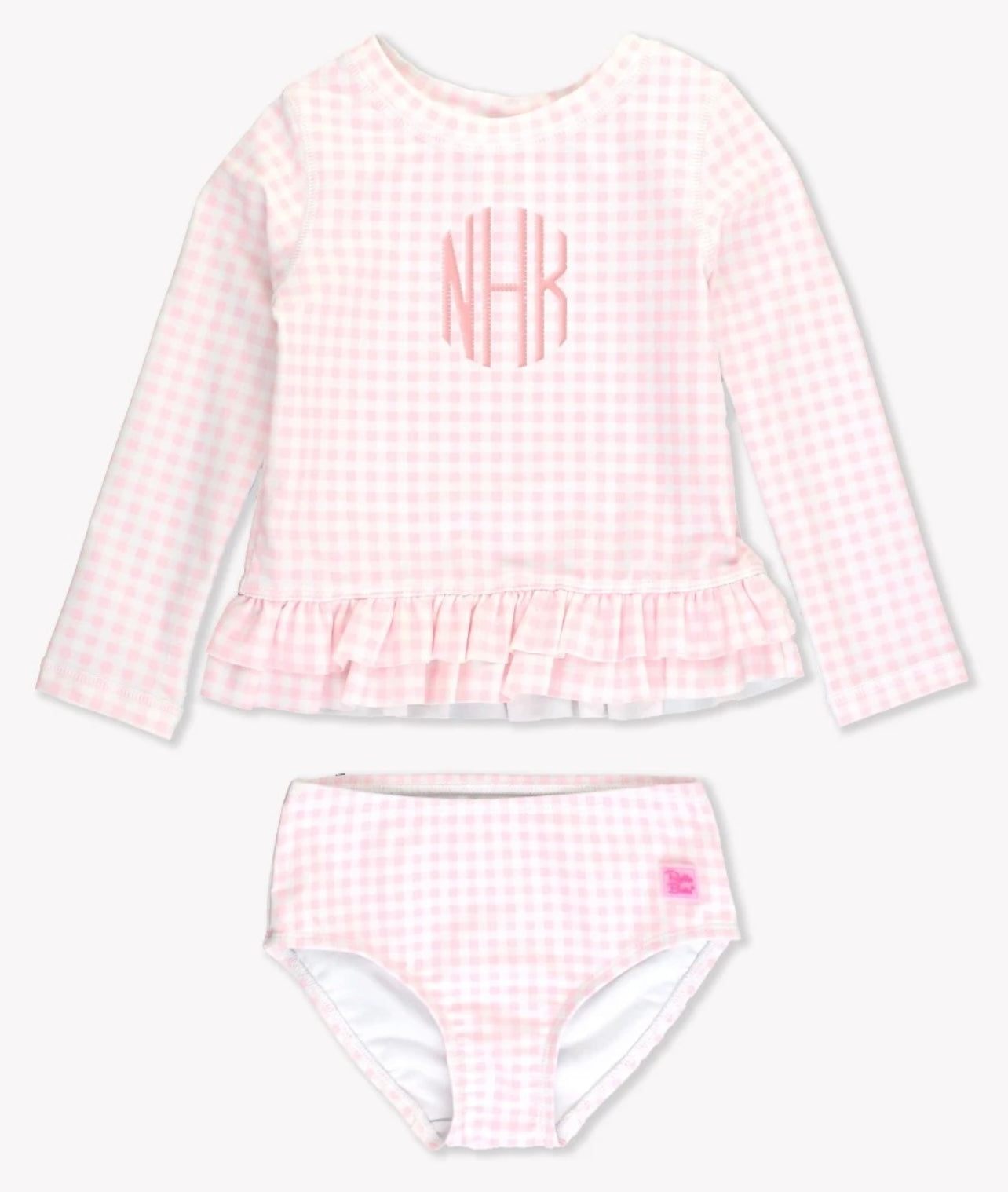 Pink Gingham Ruffle Hem Girls 2-Piece Rash Guard