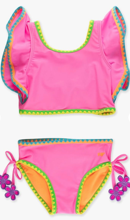Neon Pink Crochet Girls Tankini