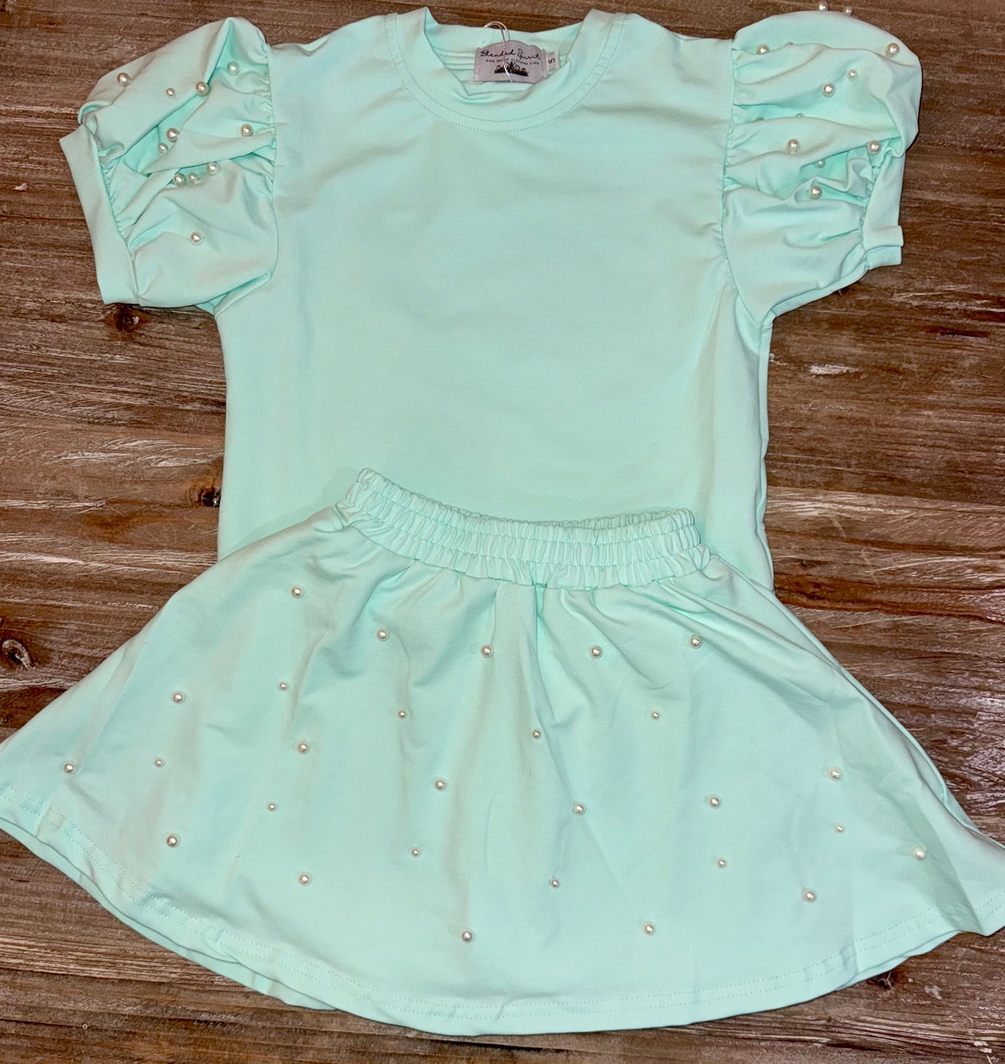 Mint Puff Sleeve Pearl Girls Skort Set