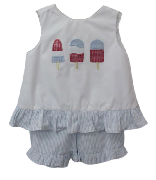 Patriotic Popsicle Seersucker Girls Ruffle Swingback Short Set