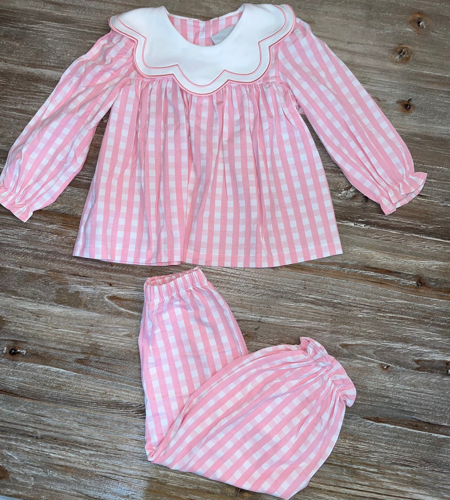 Pink Checked Girls Embroidered Float Top & Pants Set