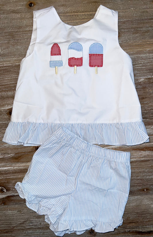 Patriotic Popsicle Seersucker Girls Ruffle Swingback Short Set