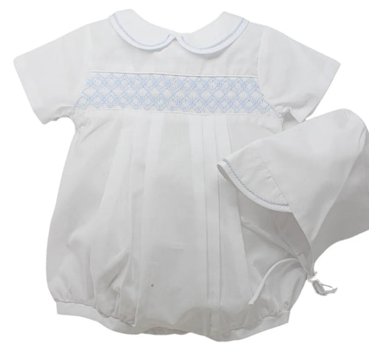 Petit Ami White/Blue Smocked Boys Bubble with Bonnet