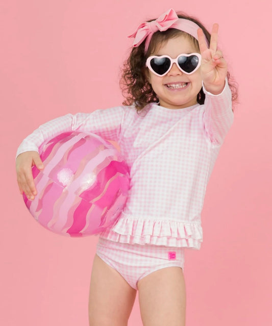 Pink Gingham Ruffle Hem Girls 2-Piece Rash Guard